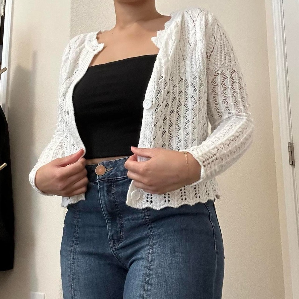 White Crochet Cardigan Sweater, size S.